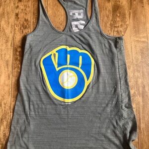 Women's Gray Graphic Racerback Tank Top - Blue & Yellow Logo